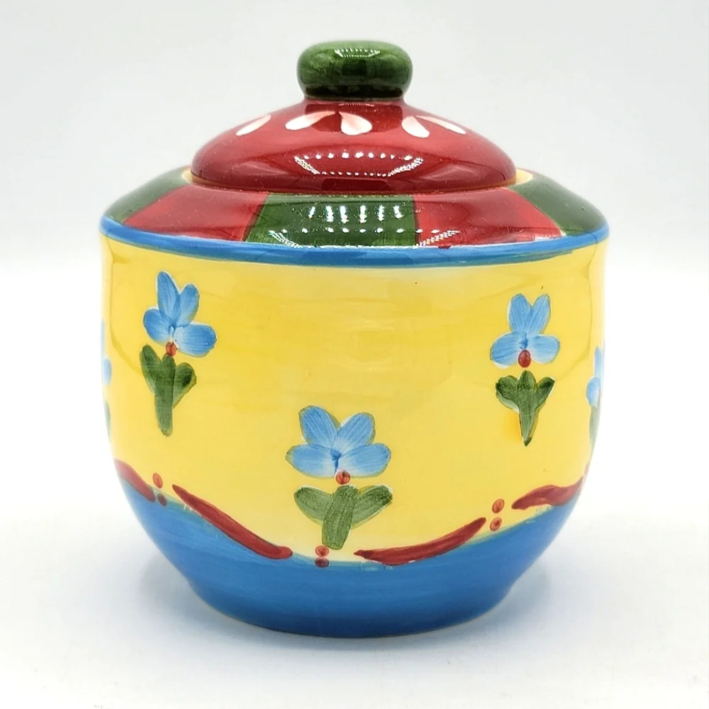 Dansk Taboo Saffron Hand Painted Floral Folk Art Sugar Bowl with Lid Vintage